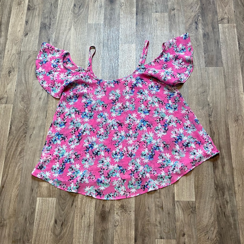 I Heart Ronson Pink Floral Cold Shoulder Tank Blouse Size Medium - Picture 3 of 6